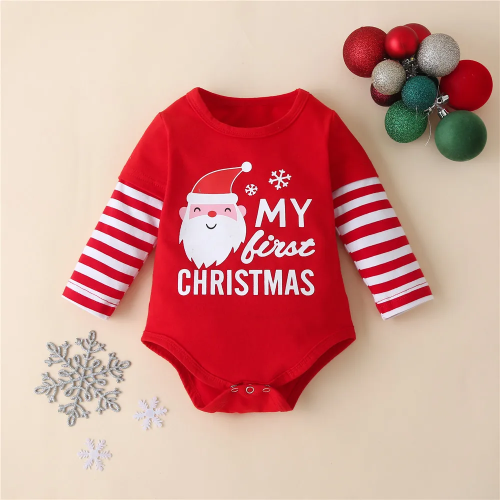 Body bébé My First Christmas rouge manches rayées motif Père Noël flocons -coton bio confortableaman.com.com