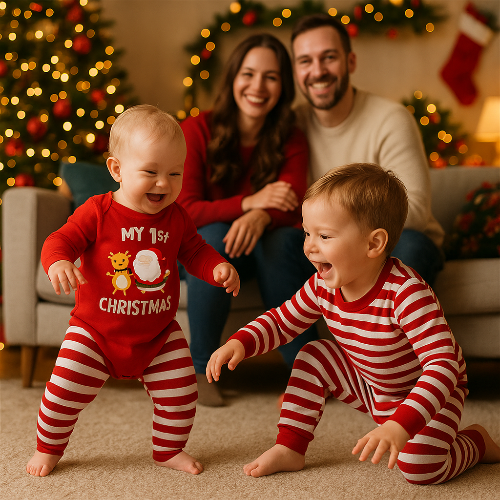 Famille heureuse à Noël avec bébés en pyjama rouge rayé My First Christmas ambiance festive sapin illuminé royaumedebebeetmaman.com.com