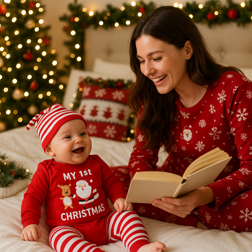 Maman lisant conte Noël à bébé en pyjama My First Christmas rouge - bonnet rayé assorti - coton doux royaumedebebeetmaman.com.com