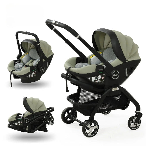 Poussette modulaire vert olive avec siège auto compatible i-Size, système pliage rapide et rangement optimisé pour familles actives