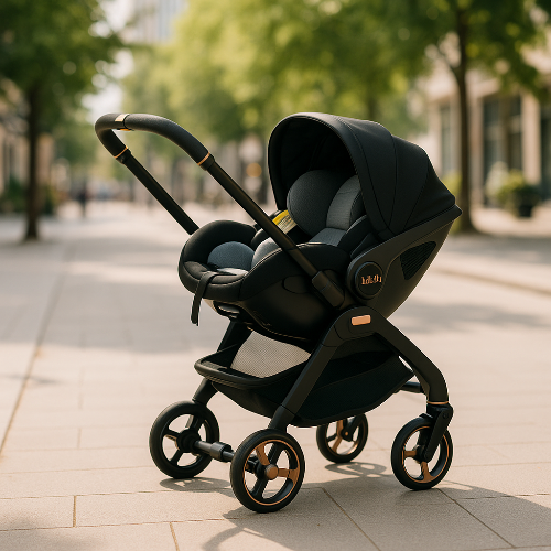 Poussette noire avec siège auto dans rue pavée urbaine royaumedebebeetmaman.com.com