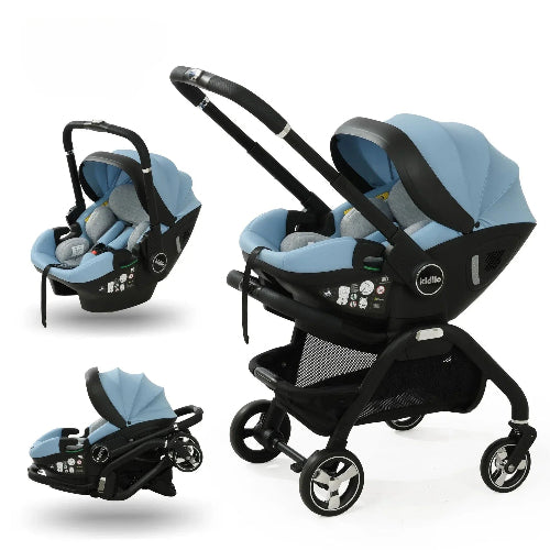 Poussette pliable 3-en-1 bleu ciel avec siège auto amovible et châssis compact, système modulaire pour bébé de la naissance à 3 ans