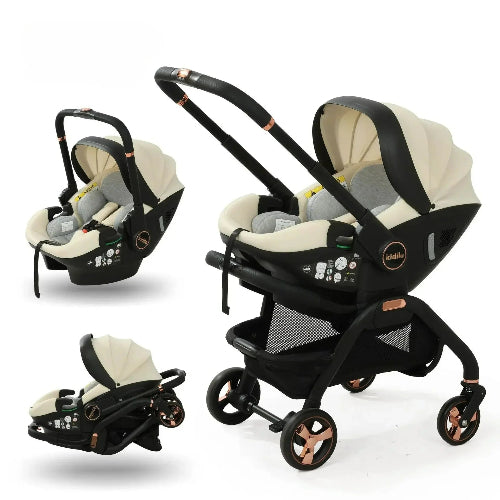 Poussette pliable beige sable avec siège auto évolutif, châssis ultra-léger à pliage instantané et finitions premium pour parents modernes