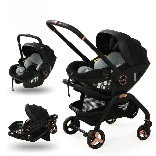 Poussette pliable premium noir mat avec détails cuivre rosé, siège auto pivotant 360° et mécanisme de pliage une main ultra-compacte