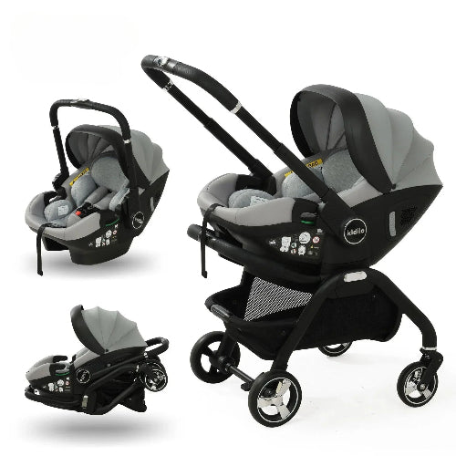 Poussette évolutive gris anthracite avec siège auto groupe 0+, châssis léger pliable et roues tout-terrain pour usage urbain et voyage