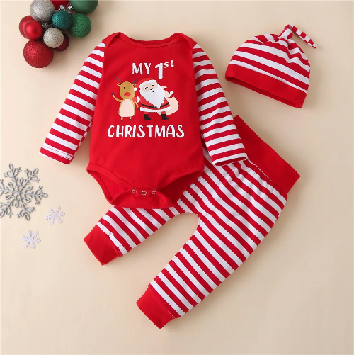 Pyjama Noël bébé 3 pièces My First Christmas barboteuse rouge +pantalon rayé bonnet -Père Noël renne royaumedebebeetmaman.com.com