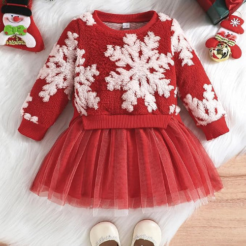 Robe Noël rouge plat flocons jupe tulle Sweat Flocons royaumedebebeetmaman.com.com