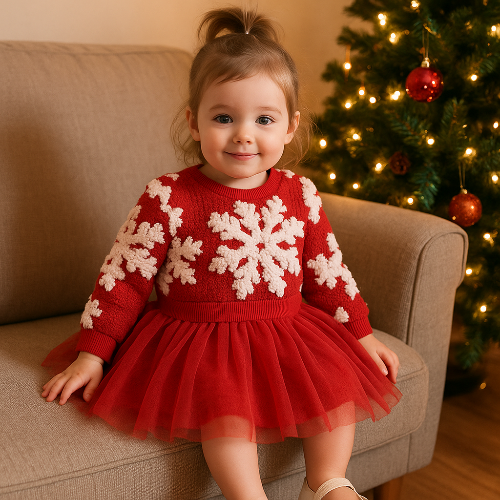 Robe festive rouge flocons neige jupe tulle Royaumedebebeetmaman.com.com