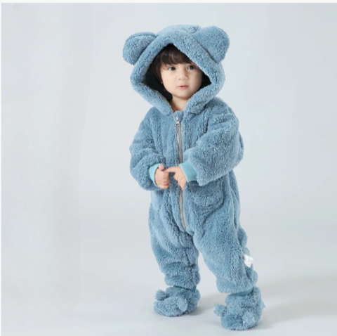 Barboteuse bébé bleu peluche avec fermeture zip combinaison chaude enfant capuche oreilles ourson
