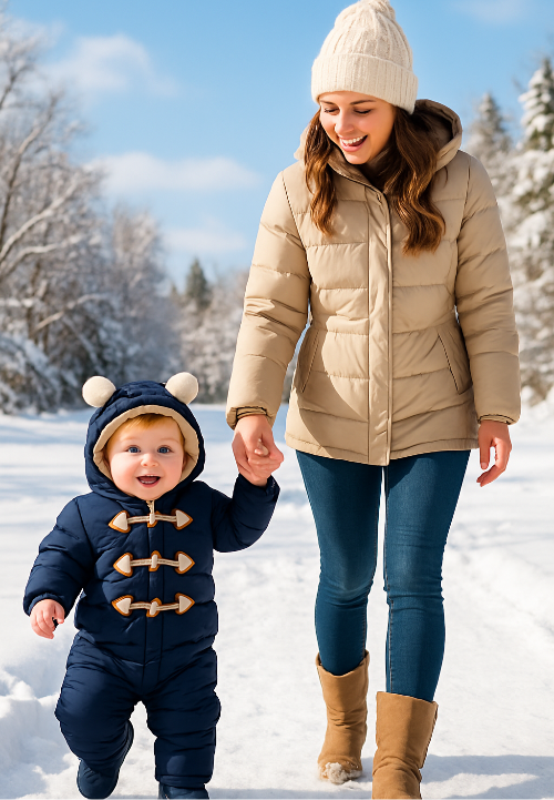 Bébé souriant portant une barboteuse hivernale bleu
