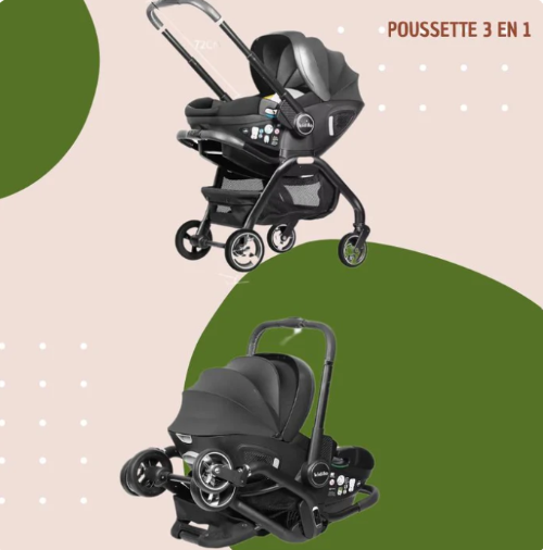 Système poussette 3-en-1 noir sur fond coloréroyaumedebebeetmaman.