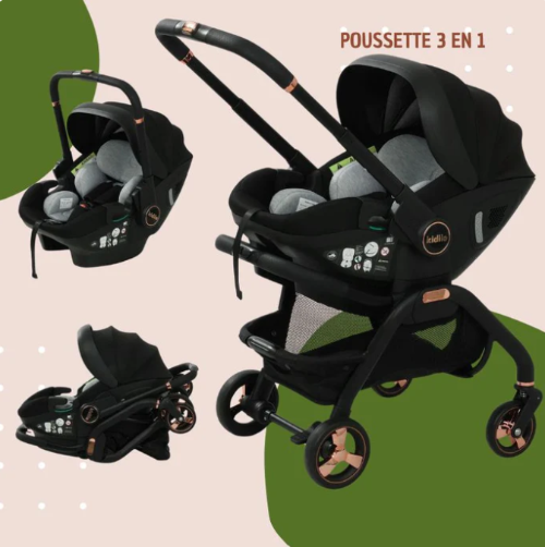 Système poussette 3-en-1 noir sur fond coloréroyaumedebebeetmaman.com