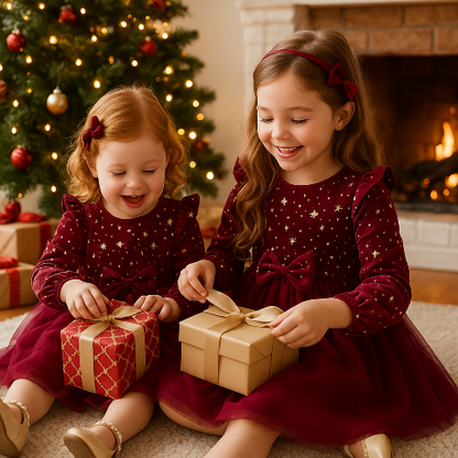 Robe Soirée Princesse Bébé Fille 1-8 ans - Velours Rouge Étoilé Noël Hiver  royaumedebebeetmaman.com.com