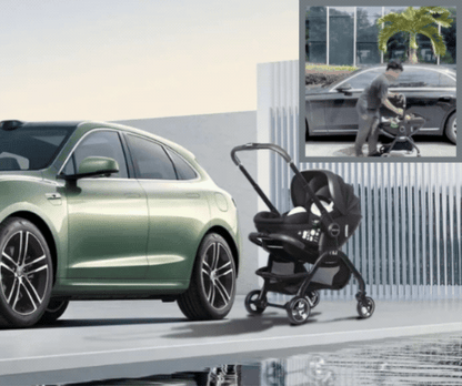  Poussette compacte près voiture électrique verte moderne