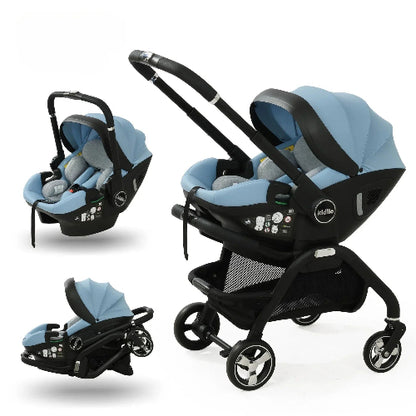 Poussette pliable 3-en-1 bleu ciel avec siège auto amovible et châssis compact, système modulaire pour bébé de la naissance à 3 ans