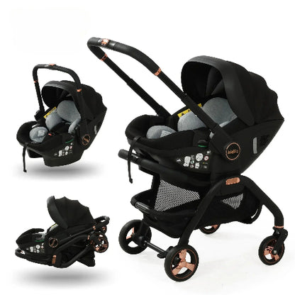 Poussette pliable premium noir mat avec détails cuivre rosé, siège auto pivotant 360° et mécanisme de pliage une main ultra-compacte