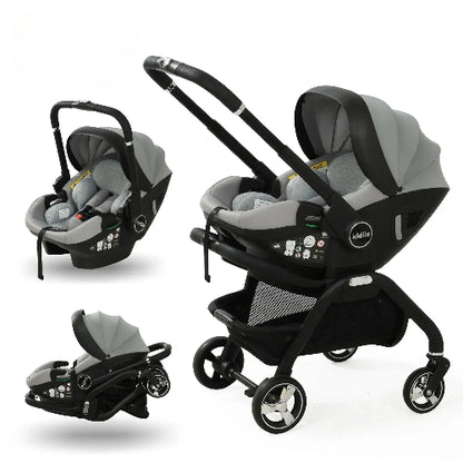 Poussette évolutive gris anthracite avec siège auto groupe 0+, châssis léger pliable et roues tout-terrain pour usage urbain et voyage