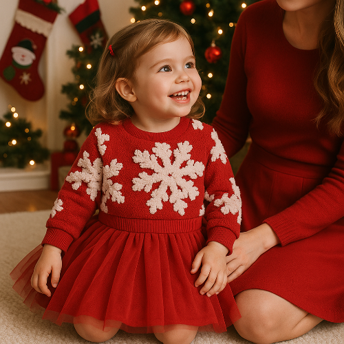 Robe de Noël Rouge Bébé Fille  Sweat Flocons et Jupe Tulle 9 Mois à 8 Ans  royaumedebebeetmaman.com.com