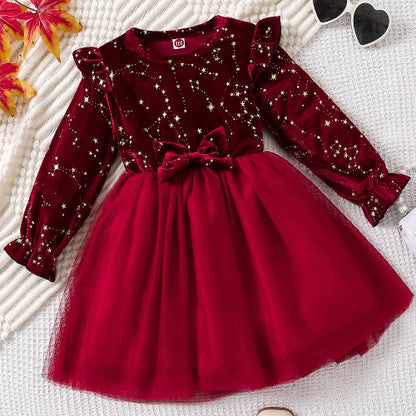 Robe Soirée Princesse Bébé Fille 1-8 ans - Velours Rouge Étoilé Noël Hiver  royaumedebebeetmaman.com.com