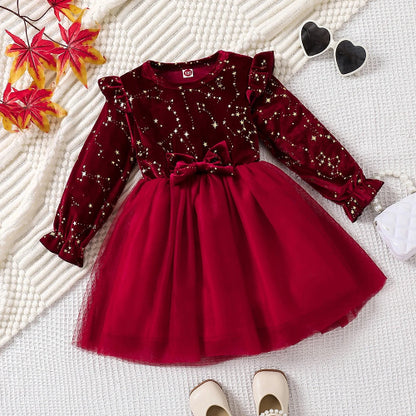 Robe Soirée Princesse Bébé Fille 1-8 ans - Velours Rouge Étoilé Noël Hiver  royaumedebebeetmaman.com.com