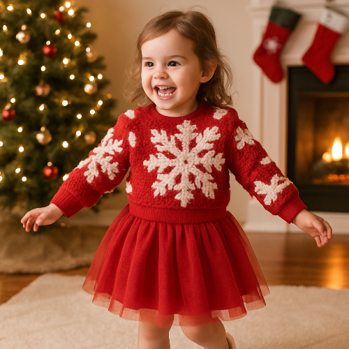 Tenue Noël bébé rouge sweat flocons princesse tullemedebebeetmaman.com