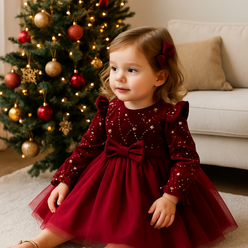 Robe Soirée Princesse Bébé Fille 1-8 ans - Velours Rouge Étoilé Noël Hiver  royaumedebebeetmaman.com.com