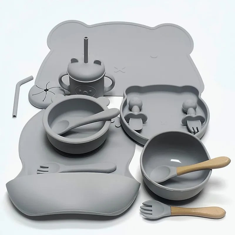 Assiette Bebe | Coffret Repas Bébé Complet en Silicone  royaumedebebeetmaman.com.com Gris