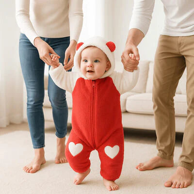 Petit explorateur de 8 mois qui rampe joyeusement dans sa combinaison polaire